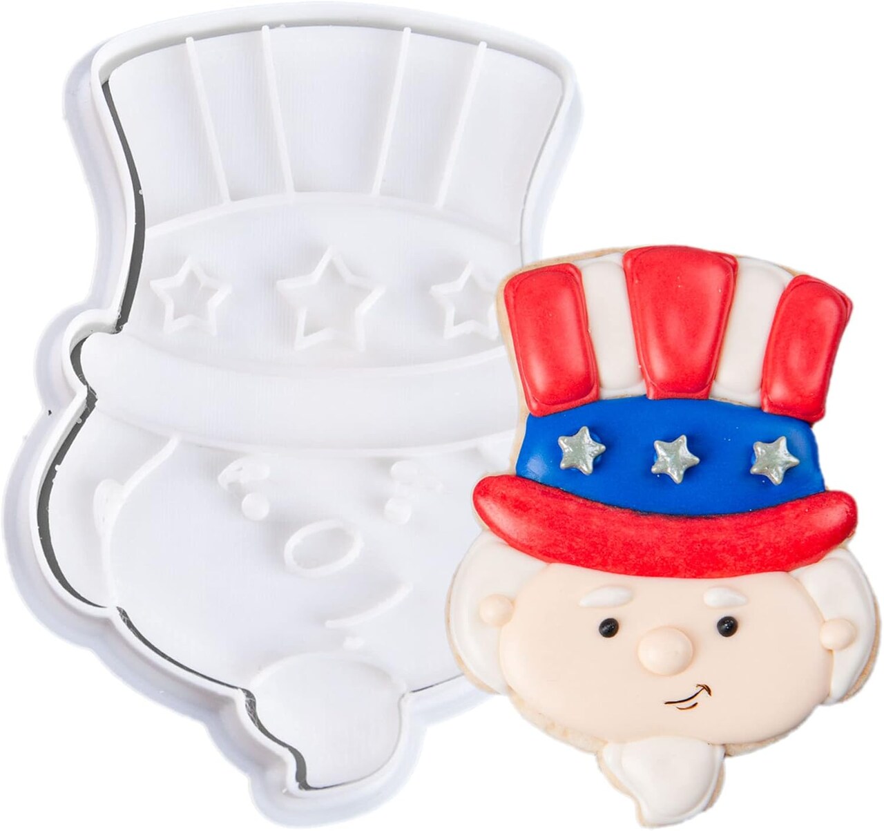 4th of July Cookie Cutter with Plunger Stamps 3D Uncle Sam Biscuit Cutter Baking Holiday PLA Cake Mold for Kitchen 3.5" Tools for Family Birthday Party